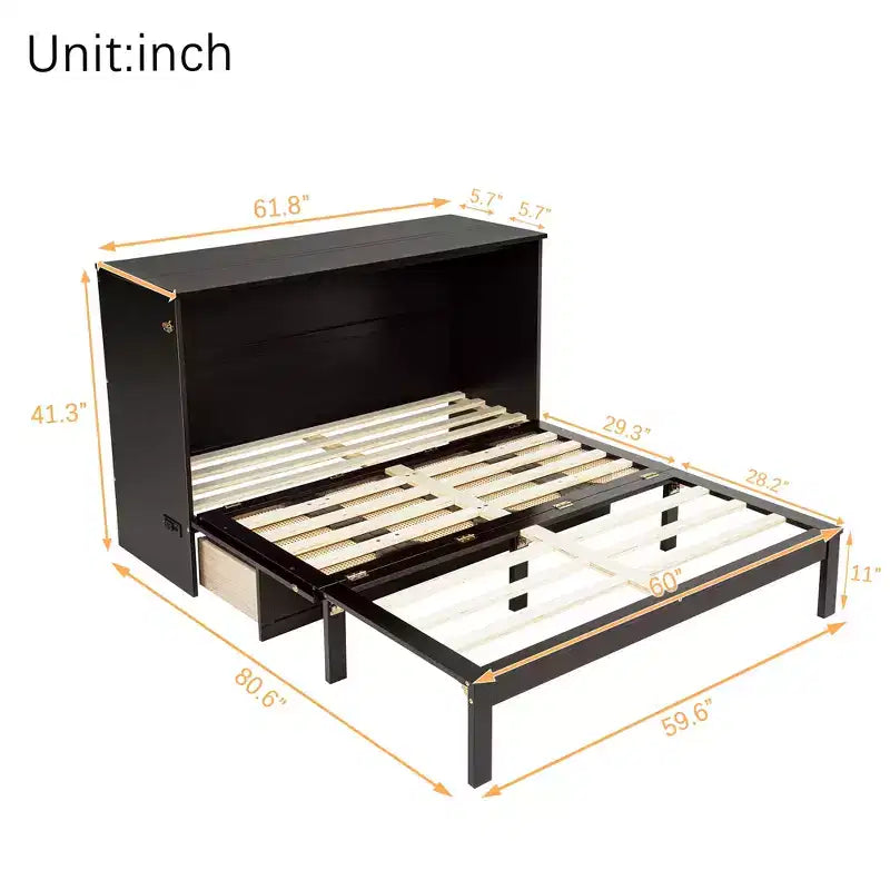 Murphy Bed Frame for Approx. 152 × 203 cm Mattress with USB Port and Storage Drawer for Bedroom Guest Room, Rattan Decoration Pine Wood Bed