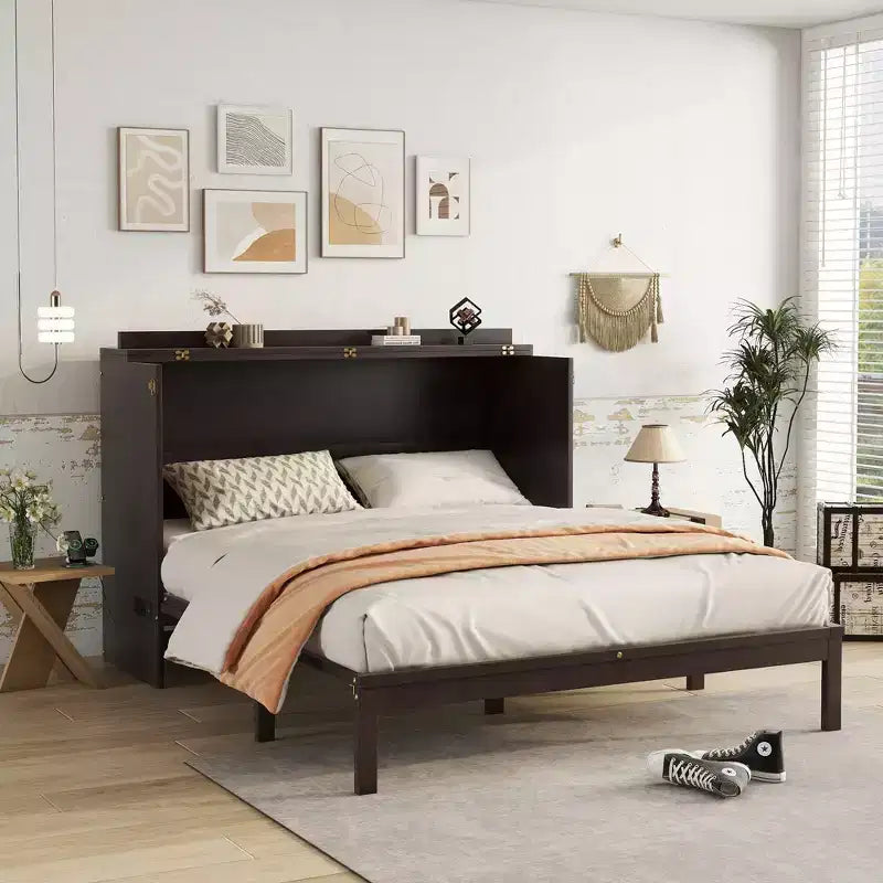 Murphy Bed Frame for Approx. 152 × 203 cm Mattress with USB Port and Storage Drawer for Bedroom Guest Room, Rattan Decoration Pine Wood Bed