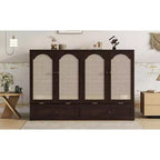 Murphy Bed Frame for Approx. 152 × 203 cm Mattress with USB Port and Storage Drawer for Bedroom Guest Room, Rattan Decoration Pine Wood Bed