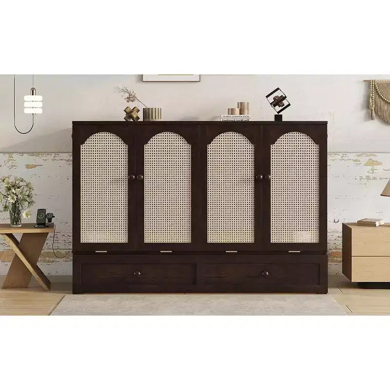 Murphy Bed Frame for Approx. 152 × 203 cm Mattress with USB Port and Storage Drawer for Bedroom Guest Room, Rattan Decoration Pine Wood Bed