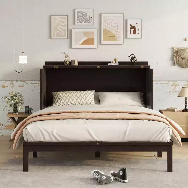 Murphy Bed Frame for Approx. 152 × 203 cm Mattress with USB Port and Storage Drawer for Bedroom Guest Room, Rattan Decoration Pine Wood Bed