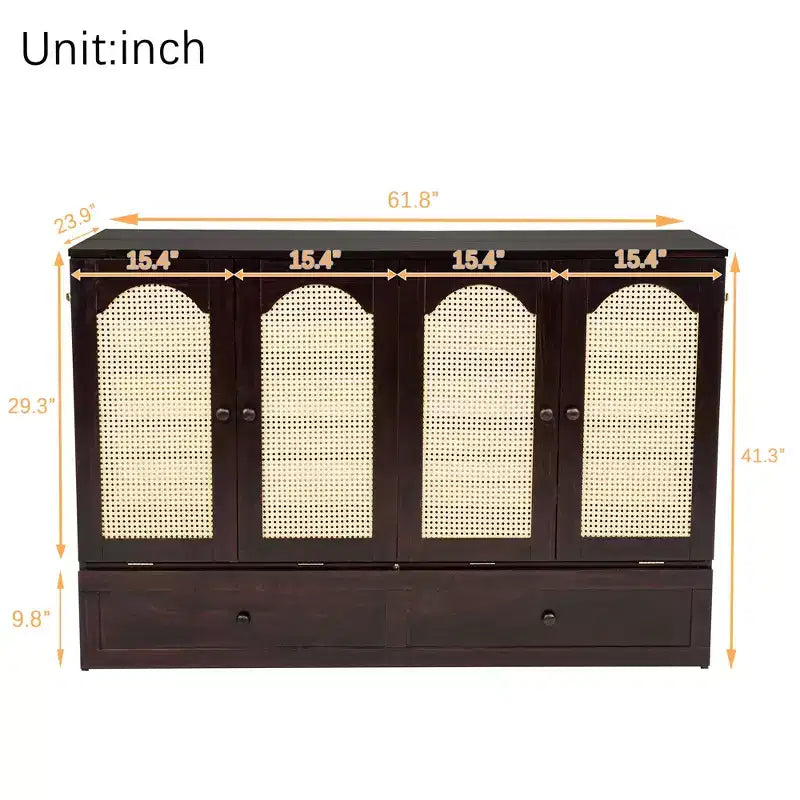 Murphy Bed Frame for Approx. 152 × 203 cm Mattress with USB Port and Storage Drawer for Bedroom Guest Room, Rattan Decoration Pine Wood Bed