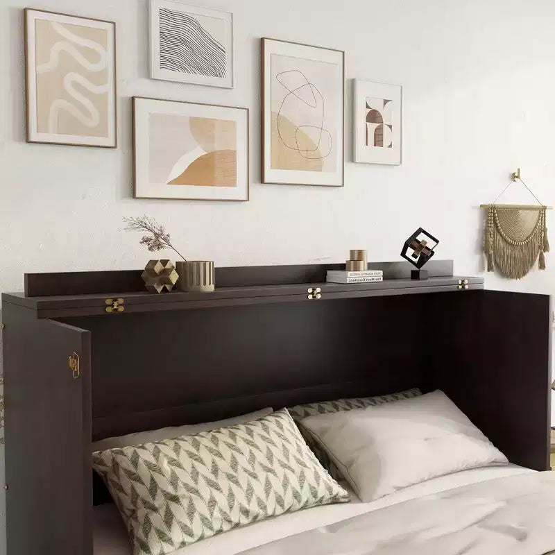 Murphy Bed Frame for Approx. 152 × 203 cm Mattress with USB Port and Storage Drawer for Bedroom Guest Room, Rattan Decoration Pine Wood Bed
