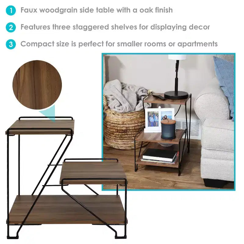Sunnydaze Tavolino d'Appoggio per Interni a 3 Ripiani in Filo d'Acciaio con Ripiani Effetto Venature del Legno - Altezza 53 cm - Marrone