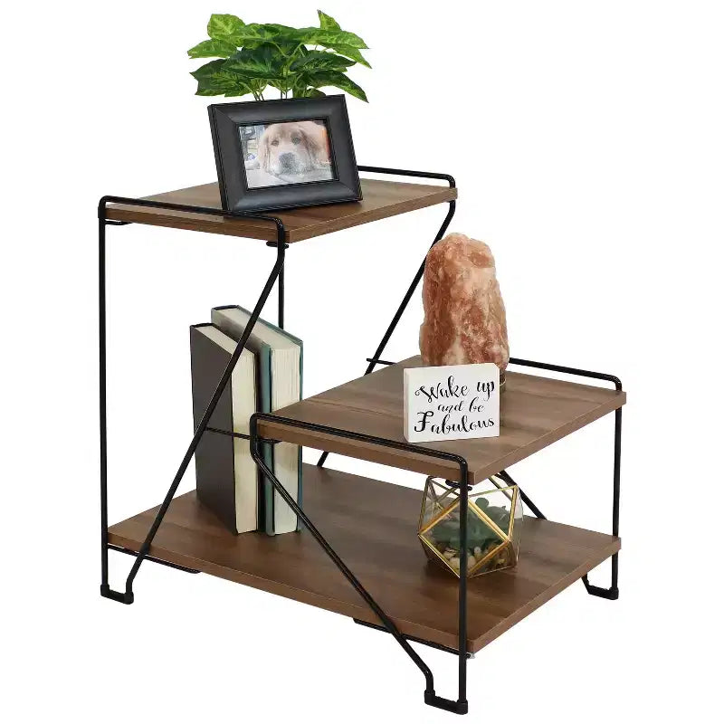 Sunnydaze Tavolino d'Appoggio per Interni a 3 Ripiani in Filo d'Acciaio con Ripiani Effetto Venature del Legno - Altezza 53 cm - Marrone