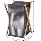 Cesto Portabiancheria in Cotone con Stampa Elefanti e Struttura in Legno, Contenitore per Bambini Bianco e Grigio