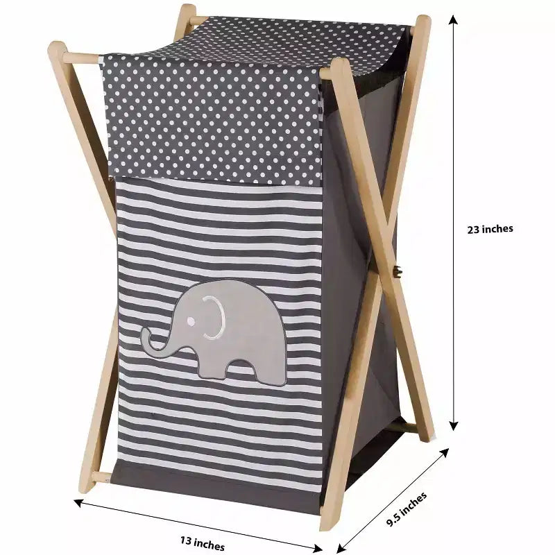 Cesto Portabiancheria in Cotone con Stampa Elefanti e Struttura in Legno, Contenitore per Bambini Bianco e Grigio