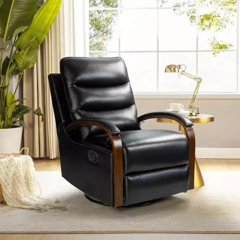 Clemens Genuine Leather Swivel Rocking Manual Recliner with Decorative Curved Arm