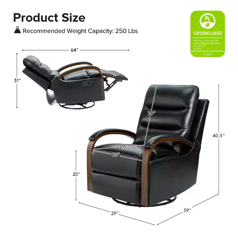 Clemens Genuine Leather Swivel Rocking Manual Recliner with Decorative Curved Arm