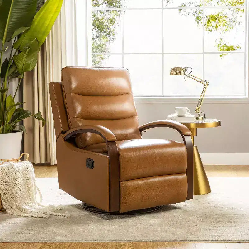 Clemens Genuine Leather Swivel Rocking Manual Recliner with Decorative Curved Arm