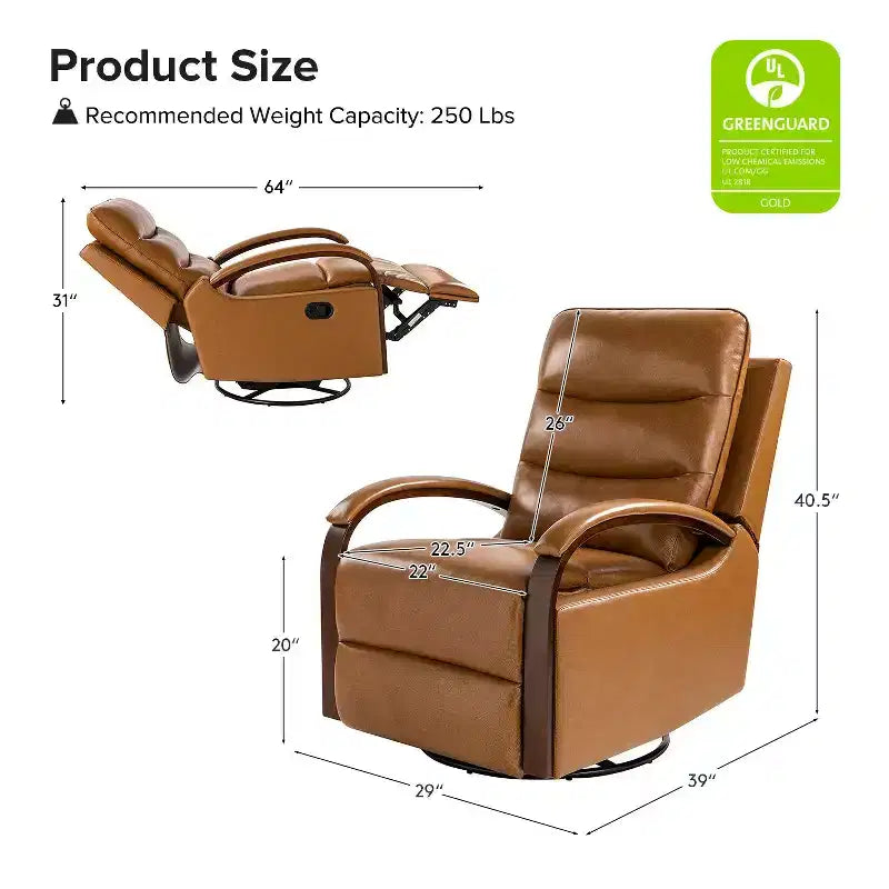 Clemens Genuine Leather Swivel Rocking Manual Recliner with Decorative Curved Arm