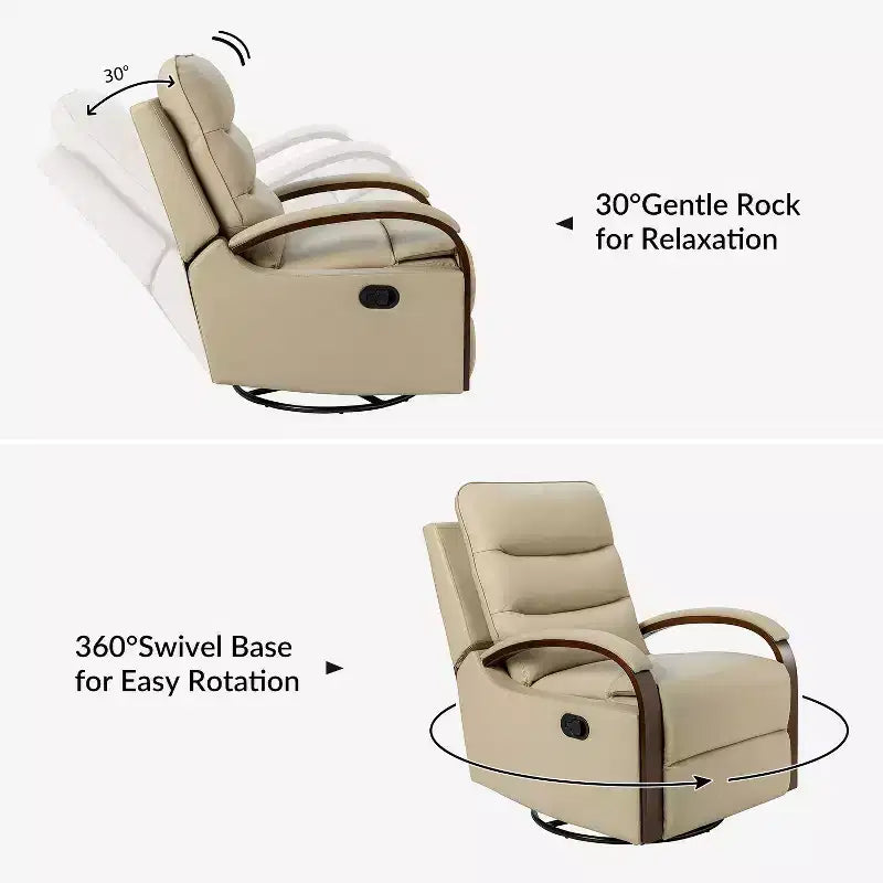 Clemens Genuine Leather Swivel Rocking Manual Recliner with Decorative Curved Arm