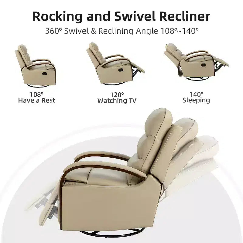Clemens Genuine Leather Swivel Rocking Manual Recliner with Decorative Curved Arm