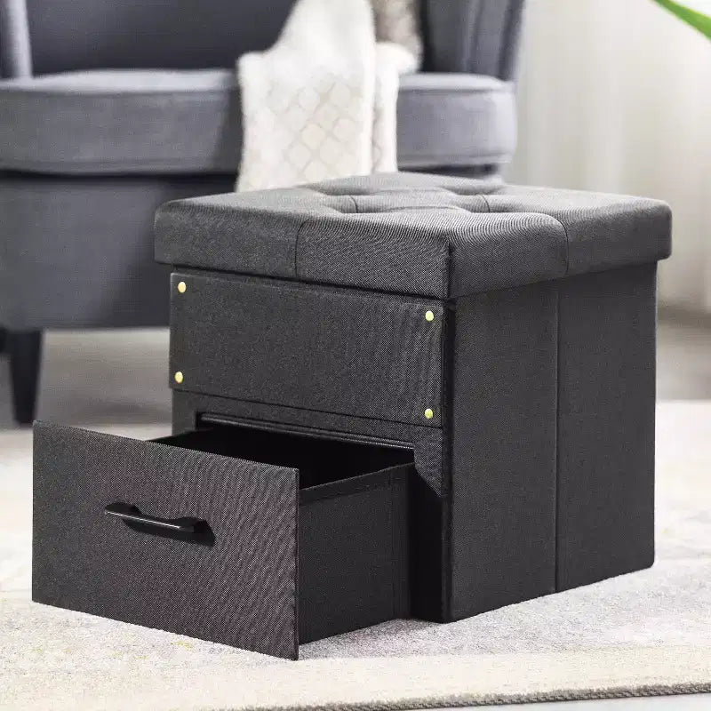 Collapsible Ottoman with Storage Drawer – Cube Footrest and Seat