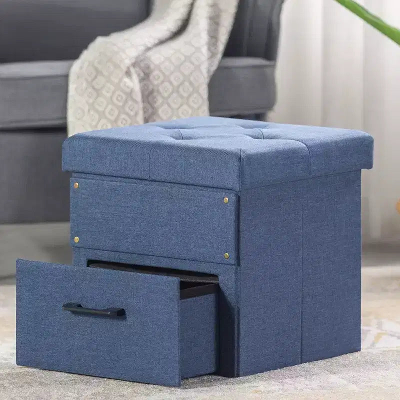 Collapsible Ottoman with Storage Drawer – Cube Footrest and Seat