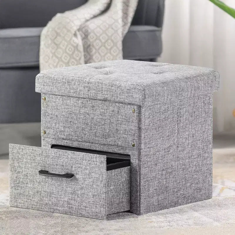 Collapsible Ottoman with Storage Drawer – Cube Footrest and Seat