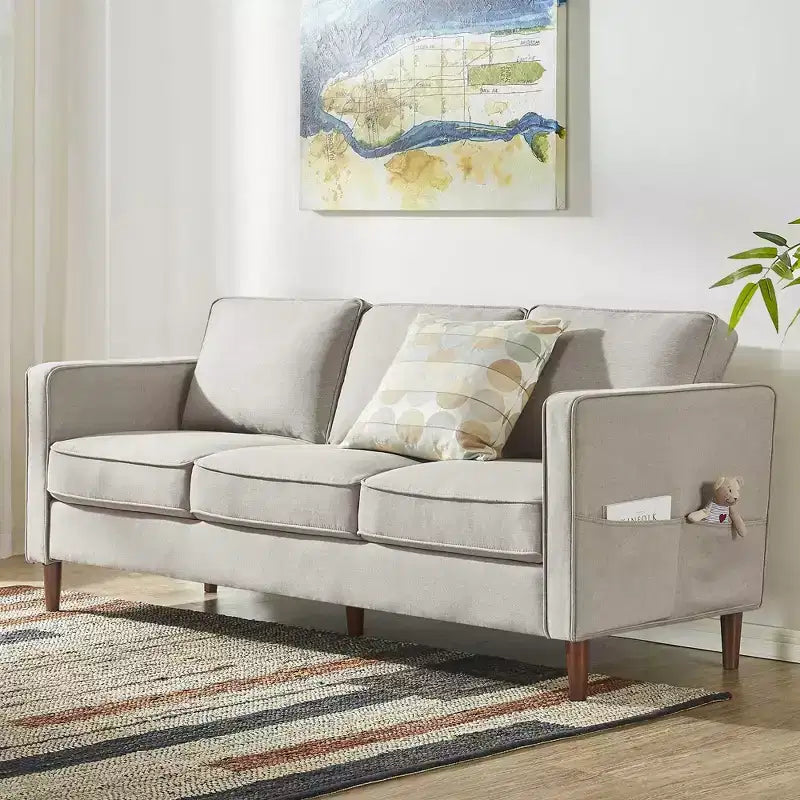Modern Linen Fabric Sofa with Armrest Pockets